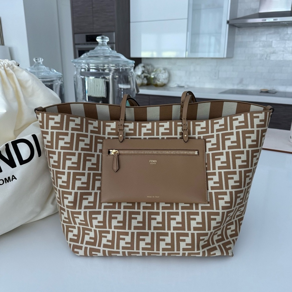 Fendi Large Roll Striped Reversible Tote Beige